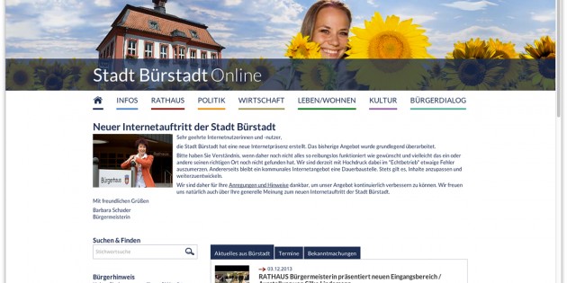 Die neue Homepage der Stadt Bürstadt präsentiert sich modern, benutzerorientiert und informativ. Lediglich das Foto der jungen Frau mit den Sonnenblumen auf der Startseite sorgt für Irritationen in der Bevölkerung. Foto: Sreenshot / oh