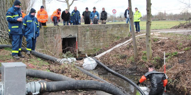 Bürgermeister Gottfried Störmer ist beim Rundgang mit den Projektleitern an der der riesigen Havariepumpe des Technischen Hilfswerks angekommen. Diese Pumpe, auf einen Hänger montiert, ist mit drei sehr dicken Schläuchen verbunden. Ohne Körpereinsatz geht es jedoch nicht: Ein THW-Mann muss tief unten im Graben im Schlamm wühlen, um eine Verstopfung zu beseitigen. Foto: Hannelore Nowacki