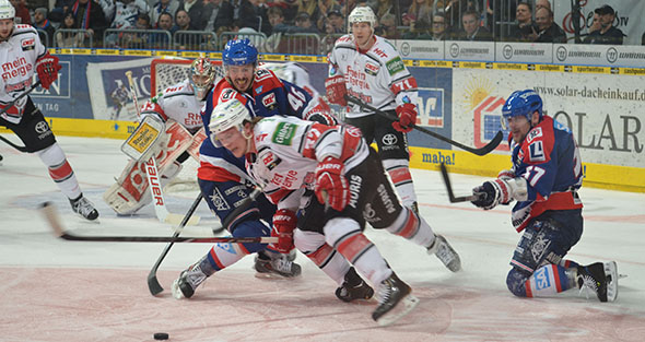 Die Mannheimer Adler (blaue Trikots) und die Kölner Haie zeigten am Sonntag absolutes Spitzen-Eishockey. Foto: Gernot Kirch
