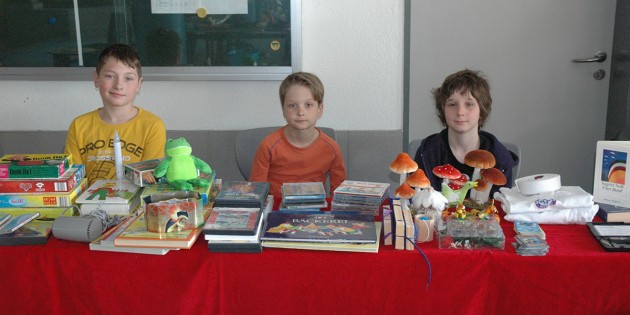 Die Brüder Connor und Ethan boten beim Flohmarkt mit Unterstützung ihres Papas und gemeinsam mit ihrem Freund Lukas zahlreiche Utensilien zum Verkauf an. Foto: Sigrid Samson