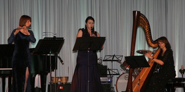Für „Omi´s Nähkästchen- Tango“ standen die Musikschullehrerinnen Susanne Weinacker an der Harfe, Christine Francois mit der Querflöte und Anja Leonbacher mit der Klarinette auf der Bühne. Foto: Eva Wiegand