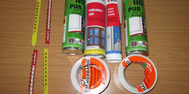 Fundstück mit ungeklärter Herkunft: Banierband, Montageschaum, Kleber, und Magazine der Marke HILTI. Foto: Polizeipräsidium Südhessen