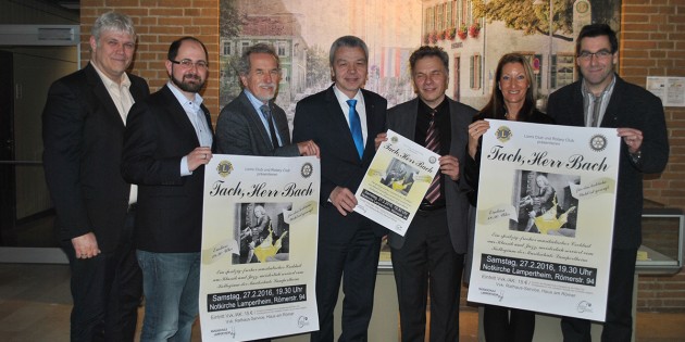 Freuen sich auf das besondere Konzertereignis: Manfred Scholz (Fachbereich Kultur), der zukünftige Präsident des Lions Club Christofer Daurer, Dekan Karl Hans Geil, Schirmherr Bürgermeister Gottfried Störmer, Musikschulleiter Joachim Sum, die Past-Präsidentin des Rotary-Club Marianne Michels-Junglas und Lions-Past-Präsident Dr. Nikolaus Selzer (v.l.). Foto: Benjamin Kloos