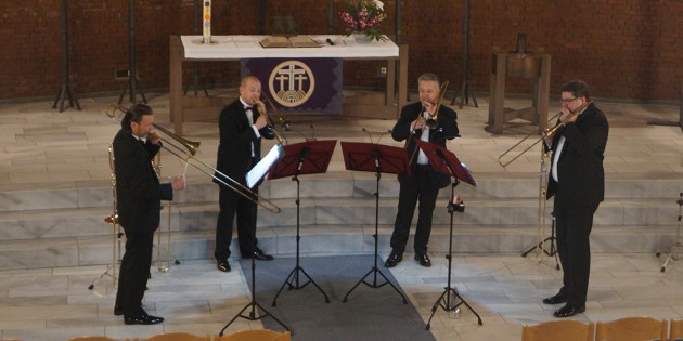 Das Posaunenquartett Opus 4 des Leipziger Gewandhausorchesters bereicherte den Abendgottesdienst in der Martin-Luther-Kirche. Foto: Sigrid Samson