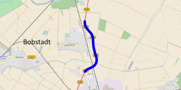 Die B 44 zwischen Bürstadt und Biblis wird im Frühling zwischen der Abzweigung Bobstadt und der Ortsumgehung Bobstadt für eine Woche voll gesperrt. Foto: Hessen mobil/Googlemaps