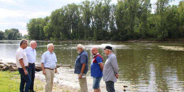 Treffen vor Ort am Hegwasser, wo zurzeit aus technischen Gründen nur ein Teichbelüfter im Einsatz ist (von links): Stephan Frech (Stadtverwaltung), Helmut Holz (Agenda 21), Helmut Hummel (Projektbeirat), Gewässerexperte Rainer Hennings, Thomas Sommer (Vorsitzender des Projektbeirats) und Karl-Heinz Barchfeld (Projektbeirat). Foto: Hannelore Nowacki 