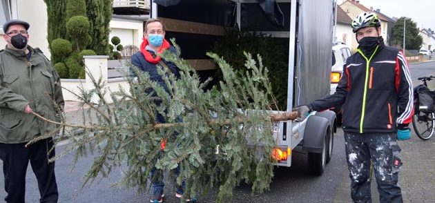 Mit Maske und Abstand sammelten die SPD-Ortsbeiratskandidaten Dirk Wagner (v.l.), Thomas Meier und Alexander Tiefenbach am Samstagvormittag Weihnachtsbäume ein.