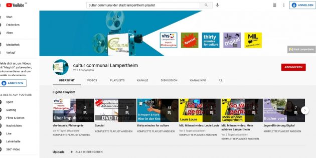 „cultur communal der Stadt Lampertheim“ heißt das digitale Kultur- und Bildungsangebot  auf YouTube. In der Playlist oben sind die fünf Schwerpunkte zu sehen – von der vhs bis zur MIL. Abbildung: Screenshot auf Wunsch der Stadt Lampertheim. Foto: Screenshot