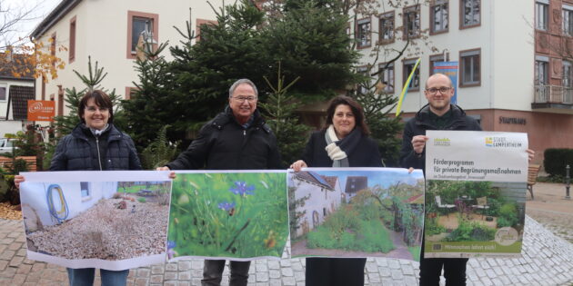 Was bereits im Kleinen im Rahmen des Förderprogramms „GrünMittendrin” der Stadt Lampertheim entstehen kann zeige das Projekt der Blühwiese von Karl-Hans Kern (2.v.l.) – sehr zur Freude von Sabine Vilgis, Leiterin der Technischen Betriebsdienste, Martina Fendt von der ProjektStadt und Jannik Uhrig von den Technischen Betriebsdiensten (v.l.). Foto: Benjamin Kloos