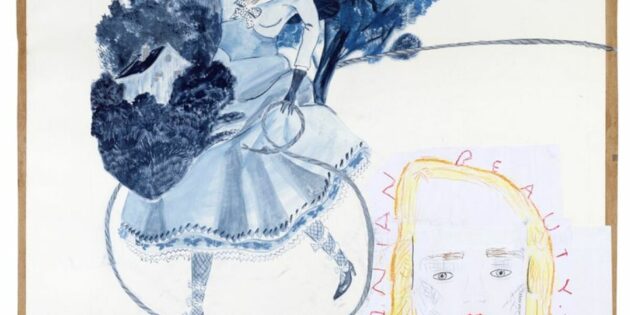 Rosa Loy und Rose Wylie, „Kris und das blaue Mädchen“, 2018, Mischtechnik auf Papier. Foto: VG Bild-Kunst, 2022; Uwe Walter
