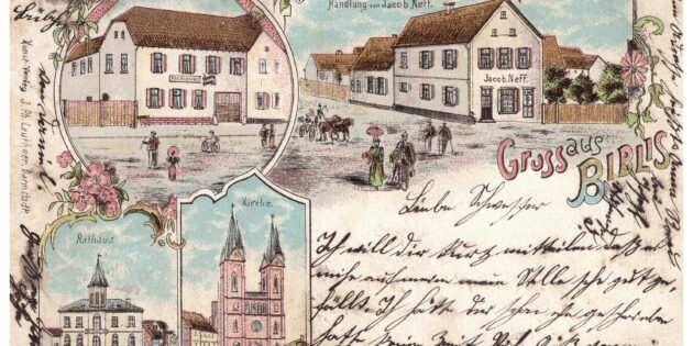 Die Ansichtskarte ist eine Farblithographie mit Bibliser Ansichten vor 1900. Sie wurde am 15. Januar 1900 per Post von Kleinhausen nach Biblis geschickt. Foto: Frank Rauhoff