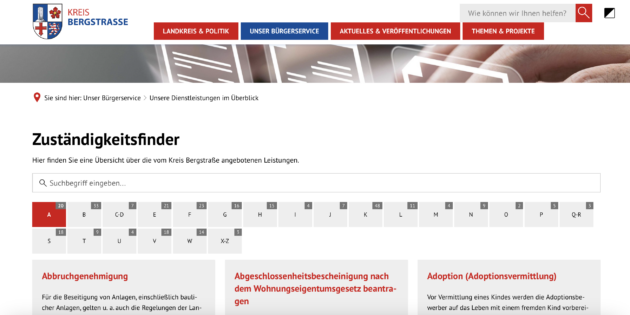 Der Zuständigkeitsfinder auf der kreiseigenen Internetseite bietet einen alphabetischen Überblick über die angebotenen Dienstleistungen. Foto: Screenshot www.kreis-bergstrasse.de