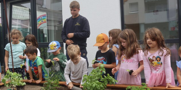 Mit viel Freude pflanzten die Kinder der Kita Guldenweg Salat und Kräuter in das neue Hochbeet. Foto: Benjamin Kloos