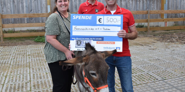 Katharina Becker (Vorstand Sonnenkinder), Eselin Jenny, Sven Klotz und Michael Metzner (Turnierkoordinatoren TV Lampertheim Abt. Fußball).  Foto: TV Lampertheim