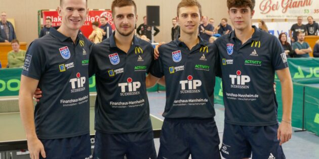 Das Team des Spitzenreiters TTC Lampertheim: Alfredas Udra, Aleksa Gacev, Alvaro Gainza und Miguel Nunez (vlnr.). Foto: oh
